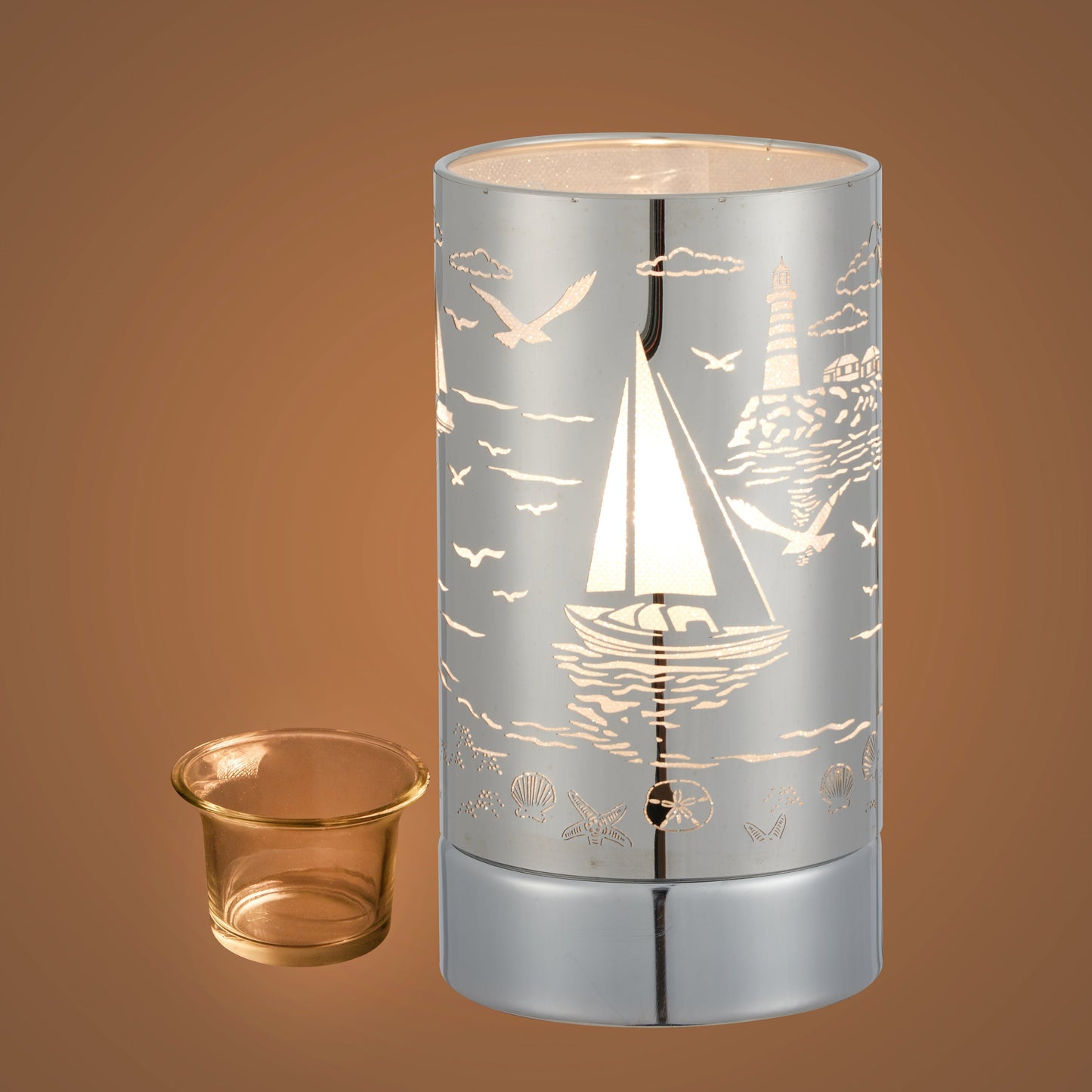 7" touch lamp-Fragrance Wax Melts Warmer -Electric Candle Essential Oil Burner-Metal Silver Sailboat Table Decor by Peterson Housewares & Artwares